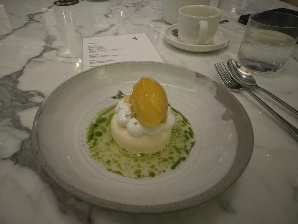 Yuzushu Parfait with yogurt ice cream, mango sorbet, and yuzu cream